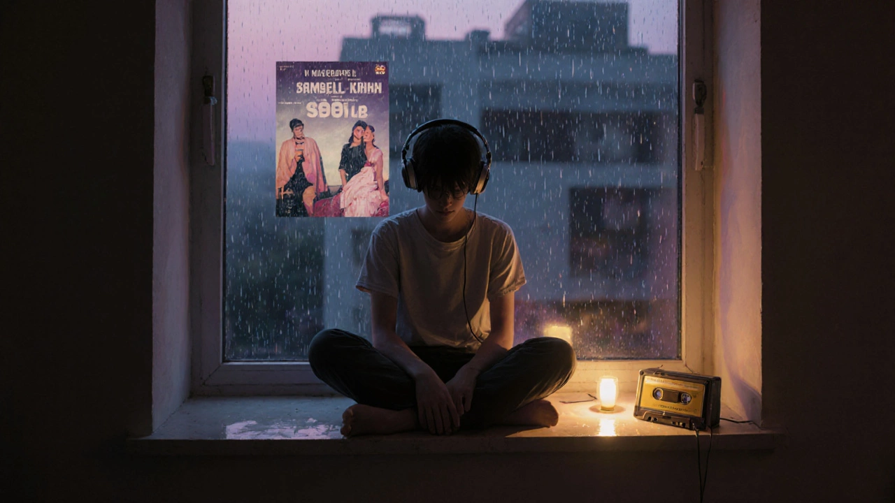 A young person in a modern apartment, headphones on, gazing at rain as an old cassette plays nearby.