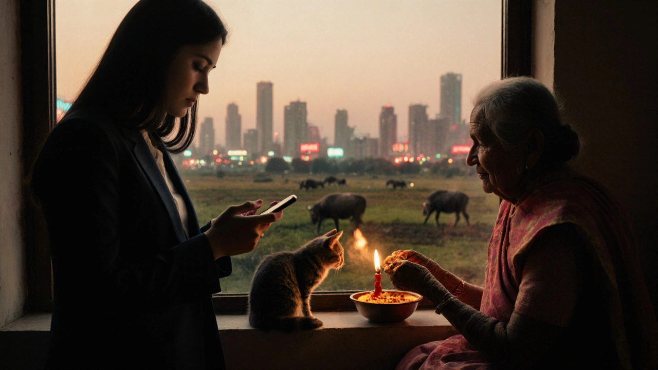 A young professional ordering food online while her grandmother performs a prayer ritual at home.