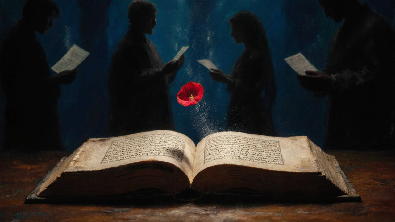 An ancient manuscript with glowing verses, a rose petal turning to ash, and shadowy figures of lovers.