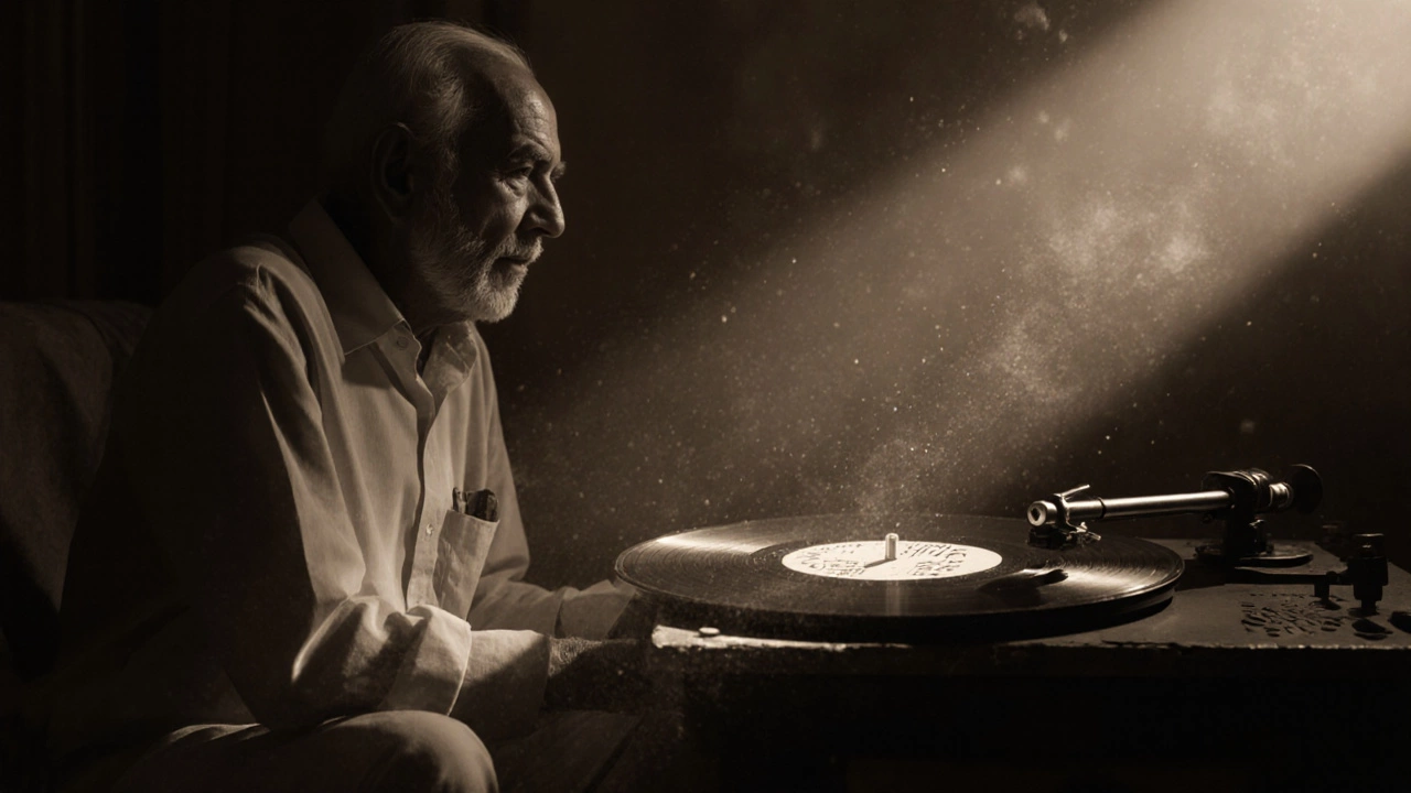 An elderly man alone in a dim room, listening to &#039;Kabhi Kabhie&#039; on a vinyl record player.