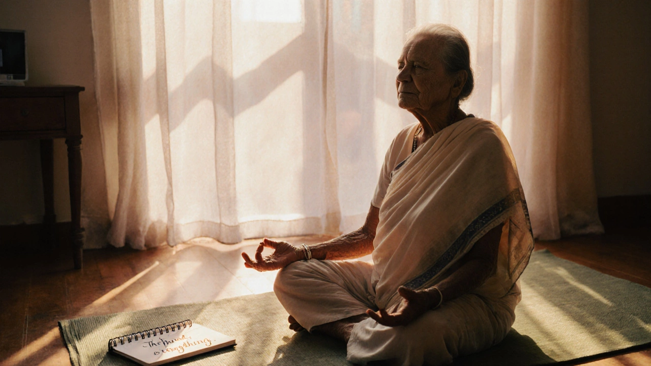 An elderly woman meditating at sunrise in a quiet Mumbai apartment with a handwritten quote beside her.