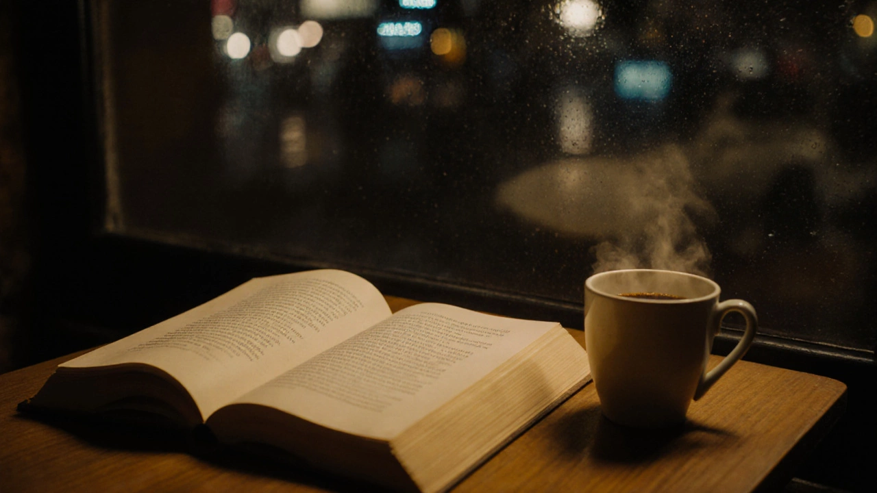 An open book of poetry rests beside a cooling coffee cup in a quiet café.