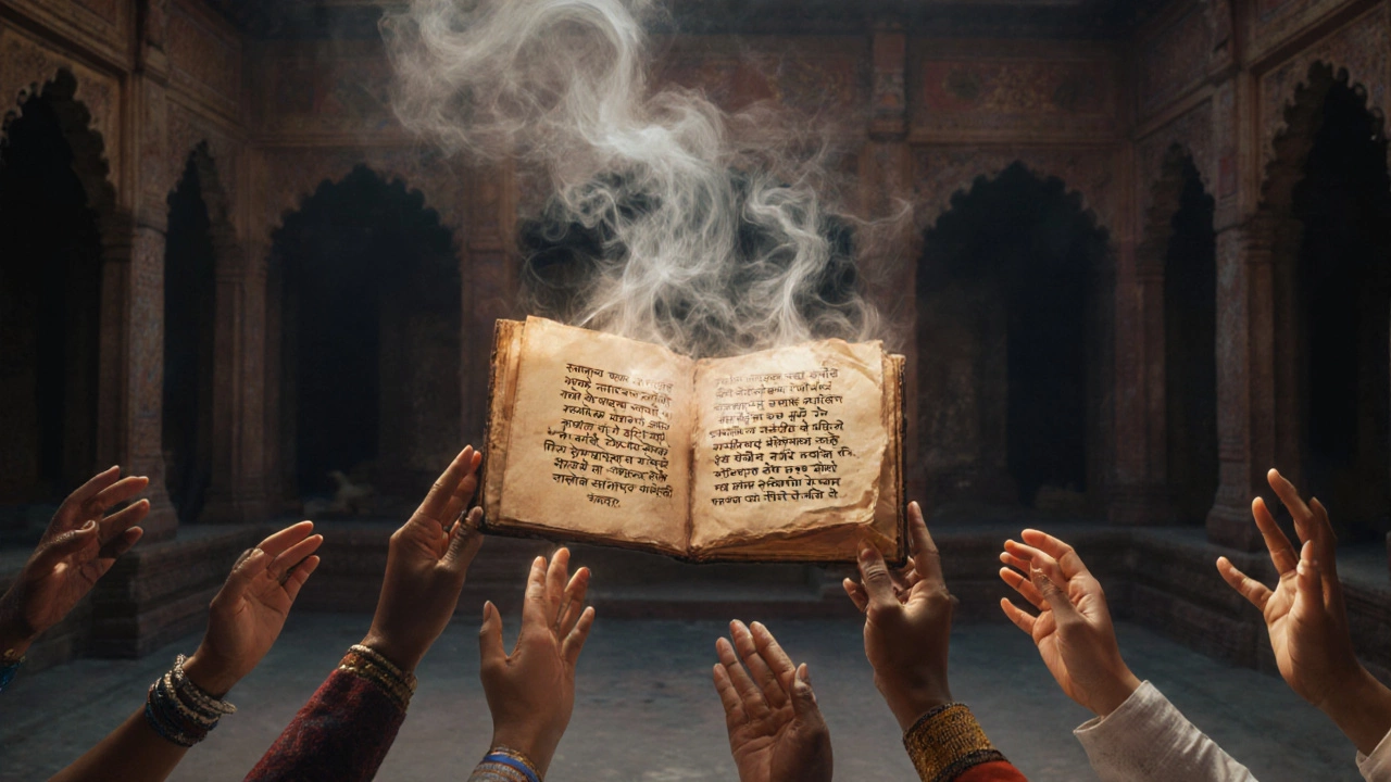 Ancient Sanskrit verses float in the air, dissolving as people of many cultures reach for them.