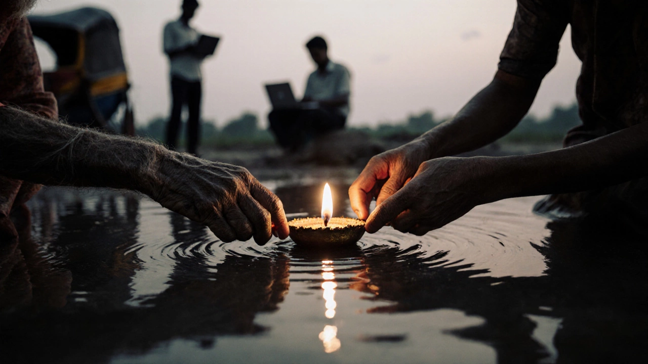 Elderly and young hands place a diya on a riverbank at twilight, reflecting light.