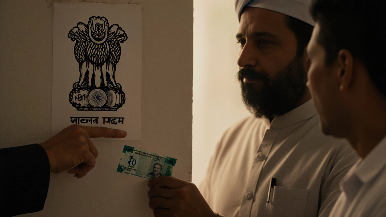 Everyday Indians interacting with the national motto in court, classroom, and village.