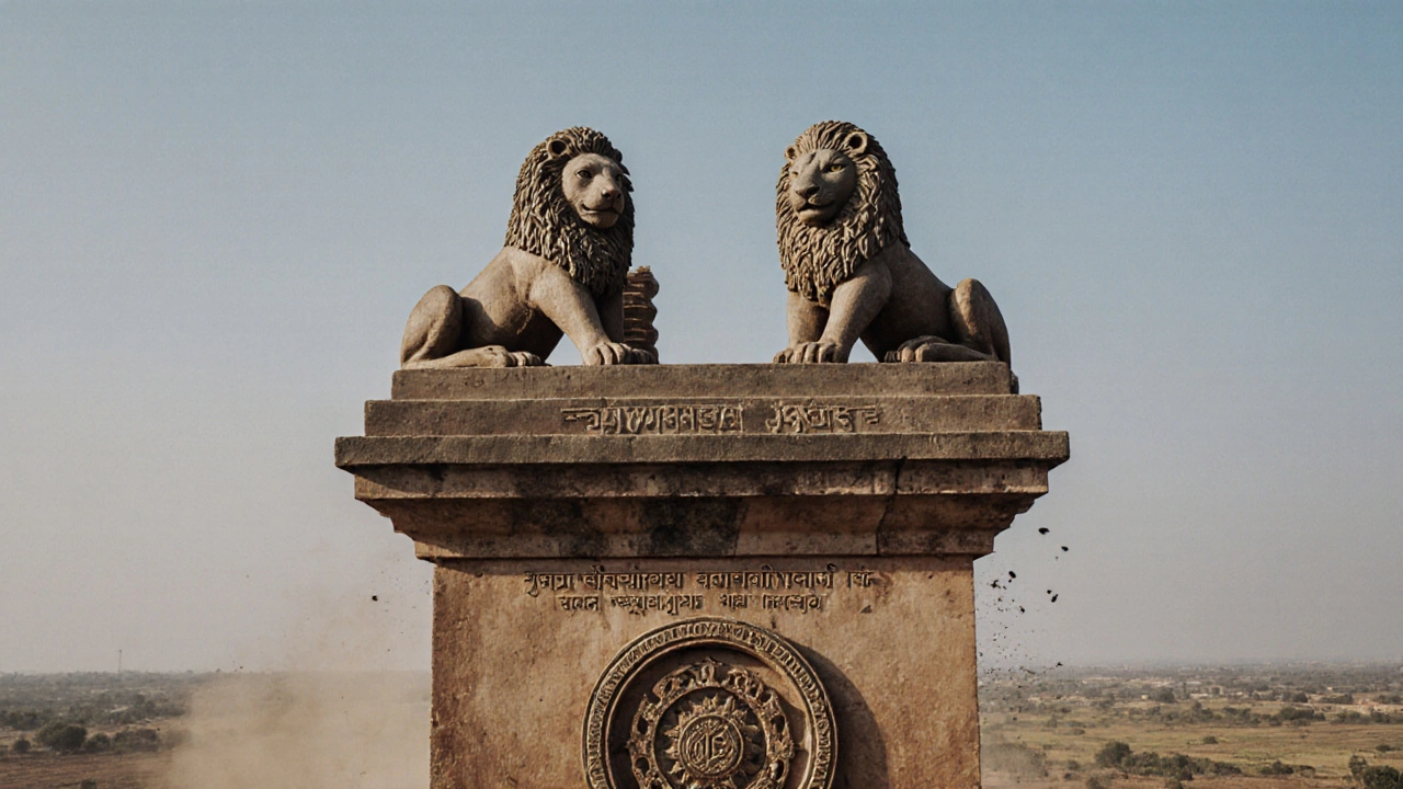 Lion Capital of Ashoka with Satyameva Jayate inscription at Sarnath under clear sky.