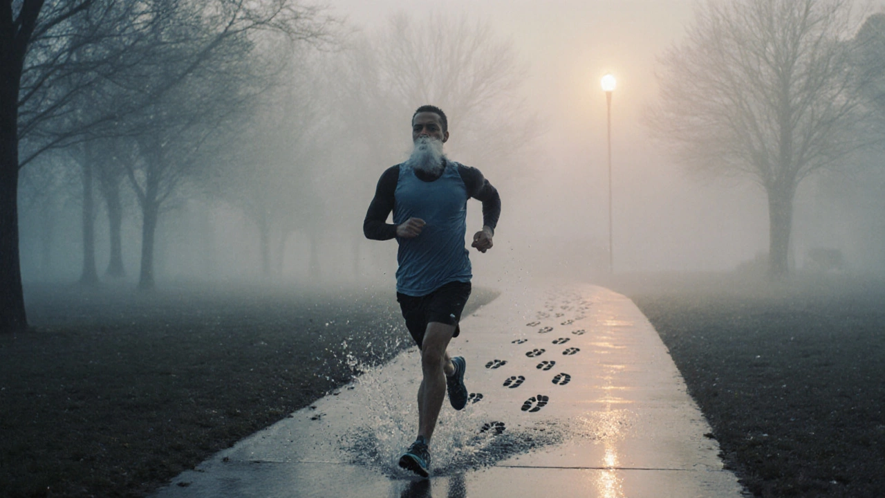 Runner in foggy park leaving 27 fading footprints in the wet path at sunrise.