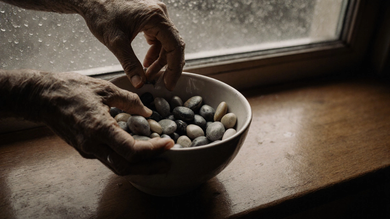 Weathered hands placing 27 pebbles into a ceramic bowl on a rainy windowsill.