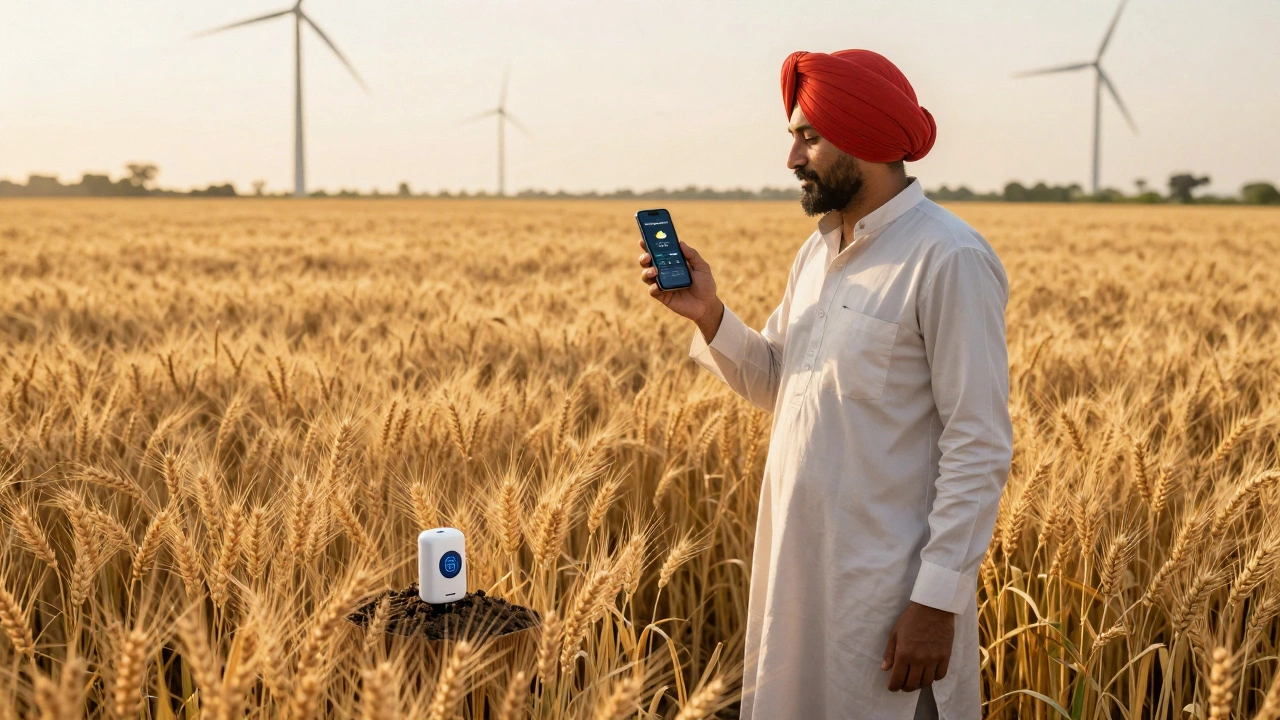 A farmer in a wheat field checking crop prices on his smartphone with an IoT sensor nearby.