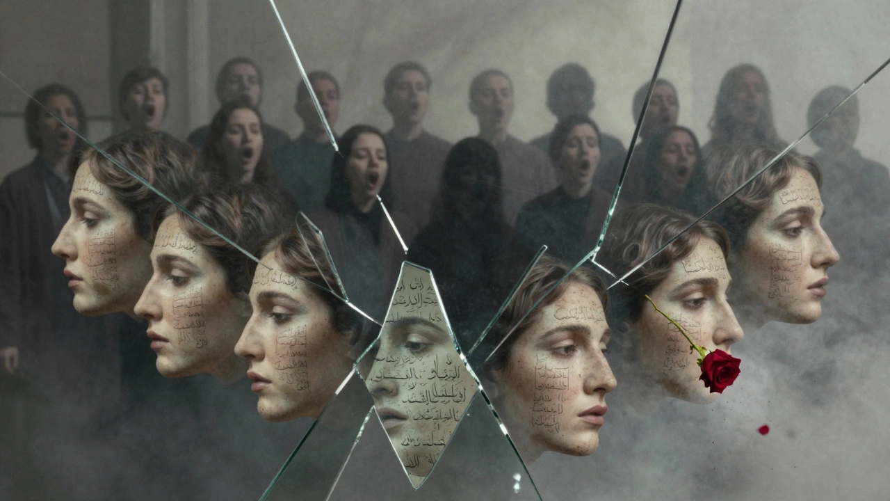 A fractured mirror reflects countless versions of a face with fading ghazal verses.