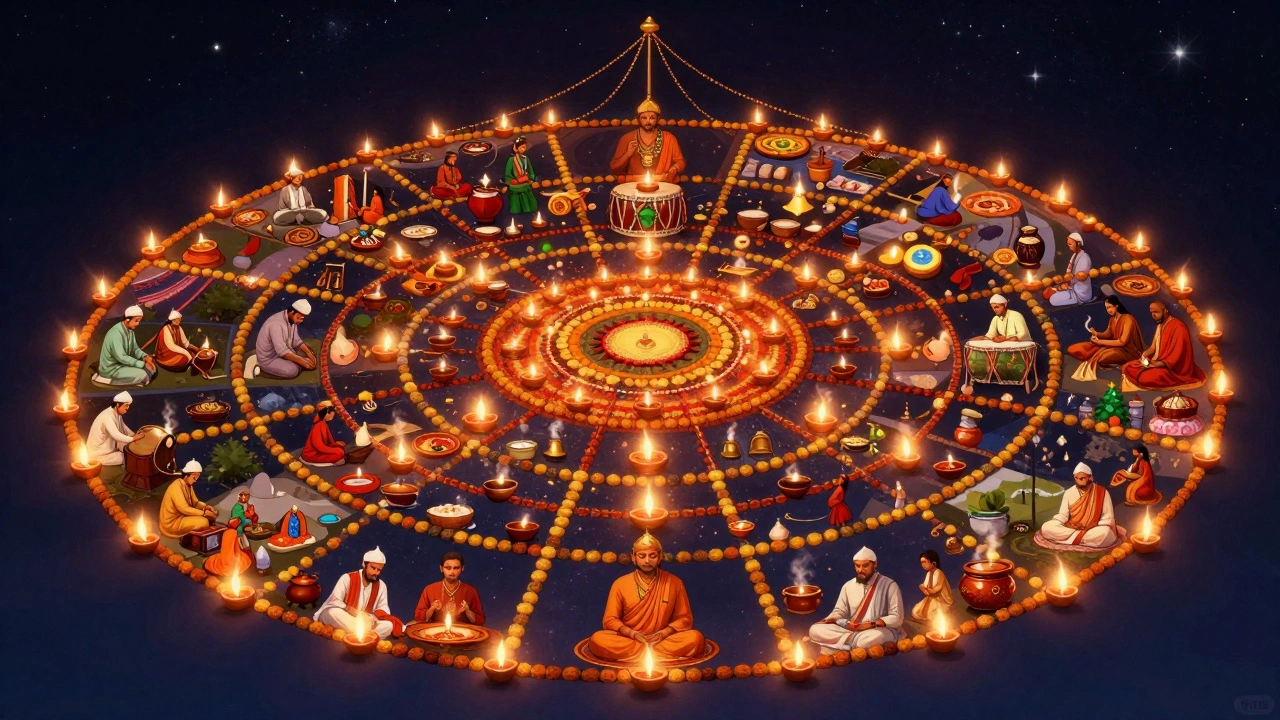 A glowing tapestry of Indian festivals including lights, drums, prayers, and feasts woven together.