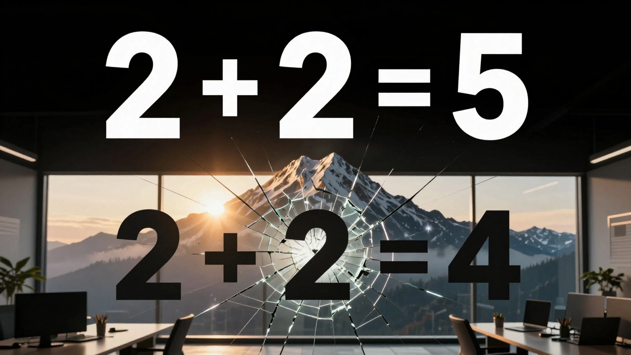 A motivational poster with &#039;2 + 2 = 5&#039; above a mountain, cracked to reveal &#039;2 + 2 = 4&#039; beneath.