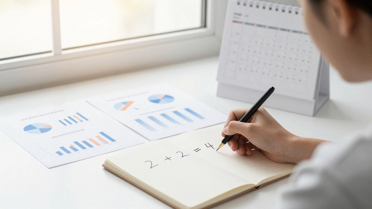 A person writing &#039;2 + 2 = 4&#039; in a notebook surrounded by organized tasks in natural light.