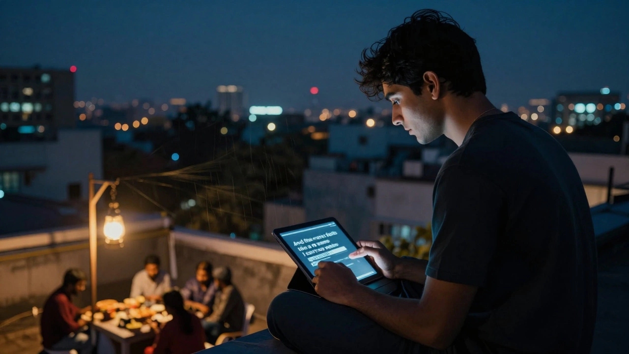 A young poet types a ghazal on a tablet on a city rooftop at night.