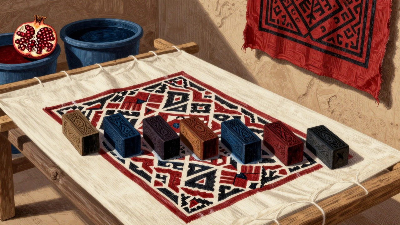 Ajrak textile being printed with wooden blocks and natural dyes in a traditional workshop.