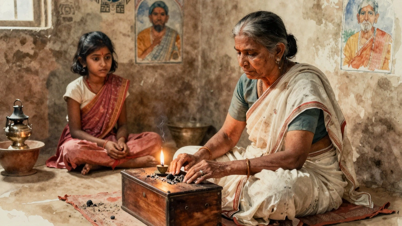 An elderly woman hums a funeral chant in a rural home, a young girl listening by an oil lamp.