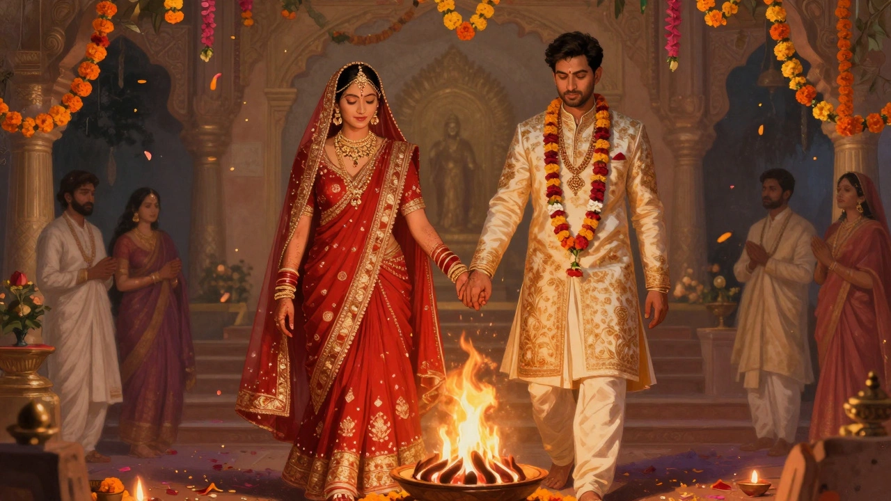 Bride and groom walking seven steps around a sacred fire in a Hindu wedding.