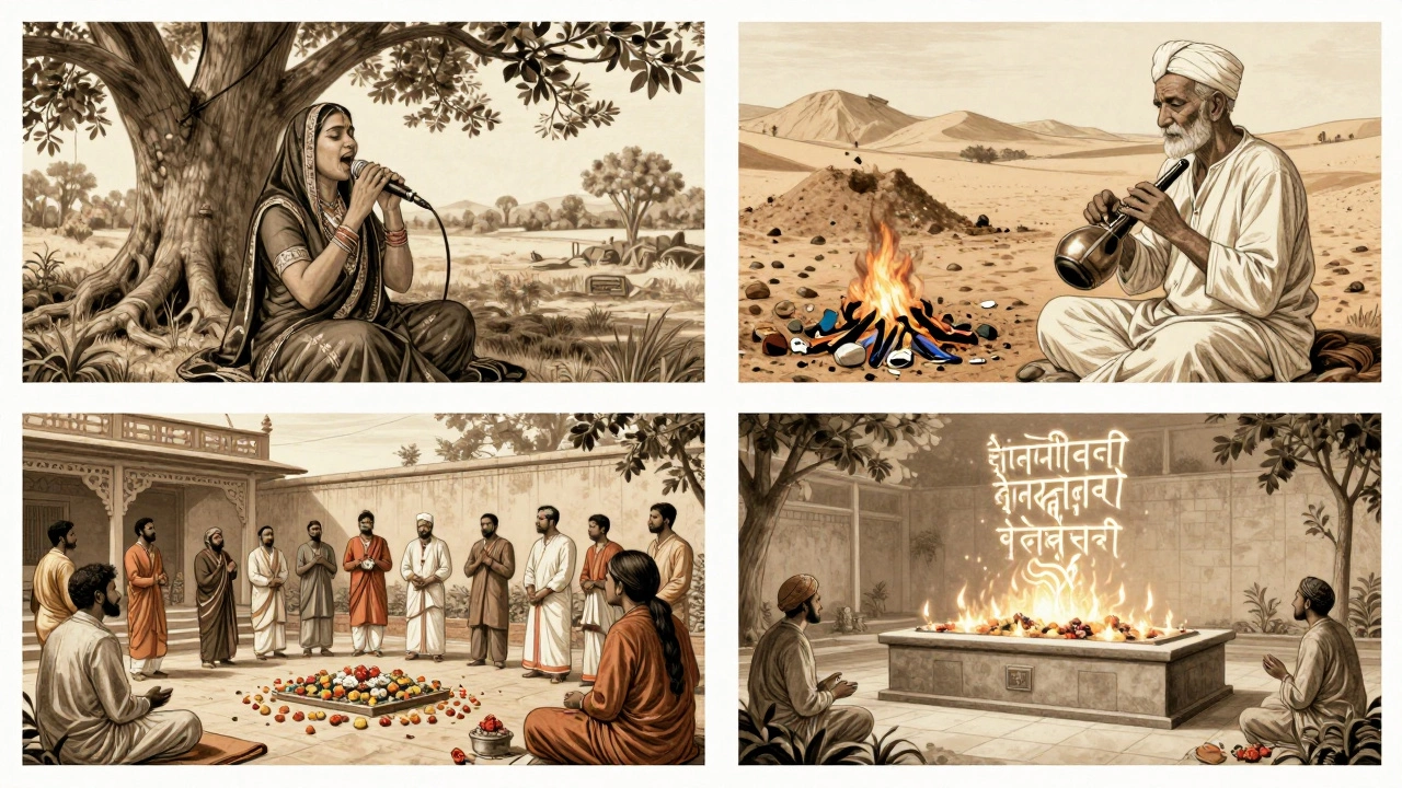 Four regional Indian funeral traditions depicted: Bhavaiya song, Kamaicha music, Pitru Paksha chants, and Vedic mantras over a modern pyre.