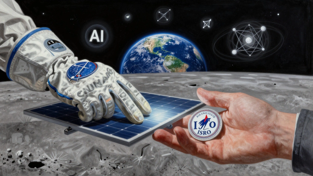 Hands from NASA and ISRO placing a solar panel on the Moon with Earth in the background.