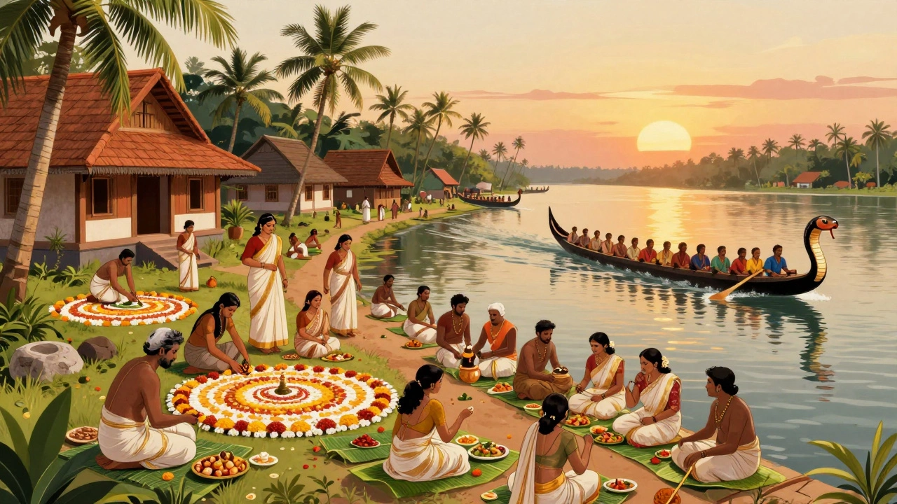 Kerala villagers celebrate Onam with floral designs, boat races, and feast on banana leaves.