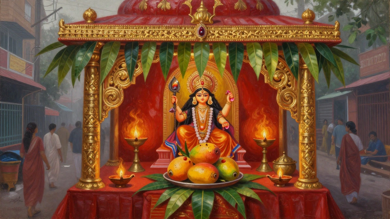 Mango leaves decorate a Durga Puja pandal, with ripe mangoes offered in front of a deity.