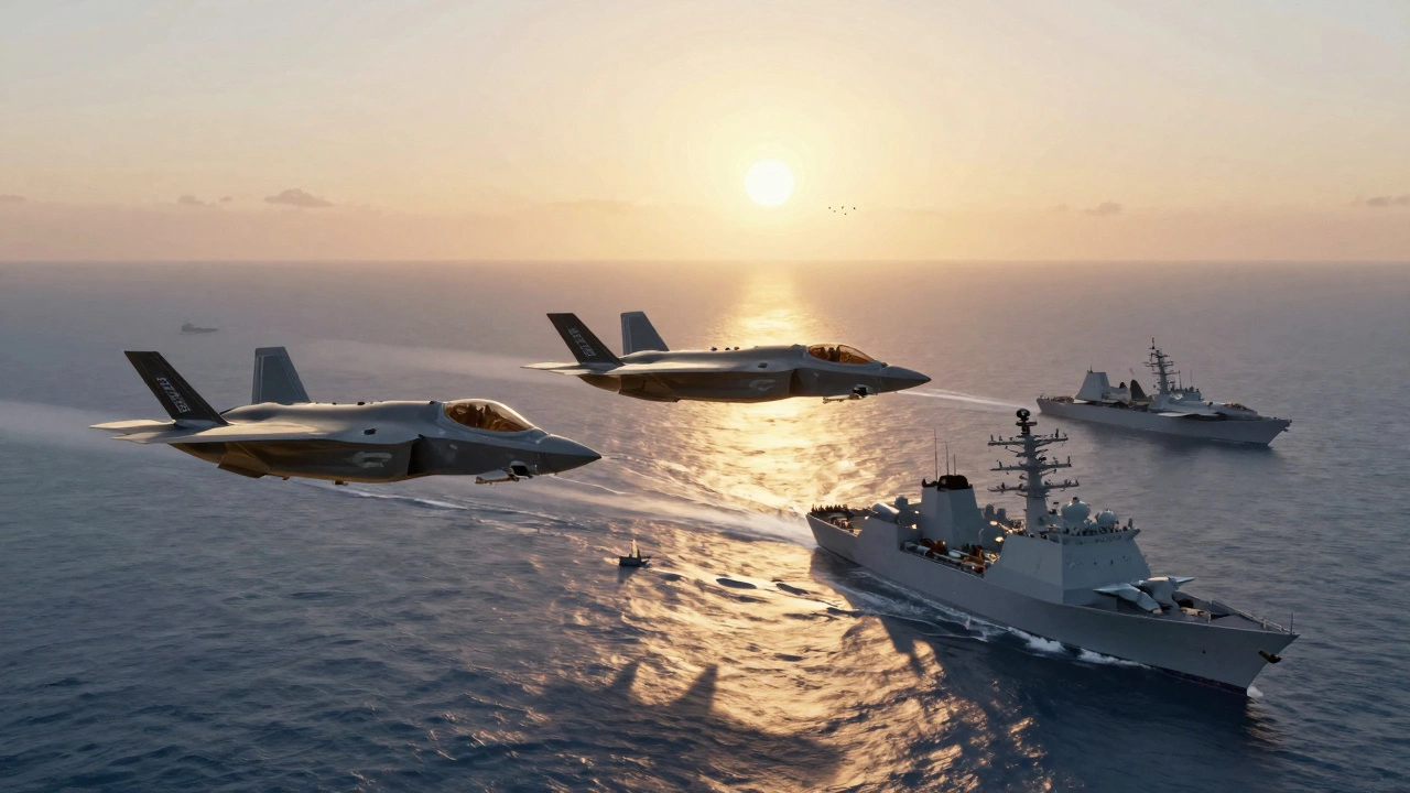 U.S. and Indian military aircraft flying in formation over the Indian Ocean at sunrise.