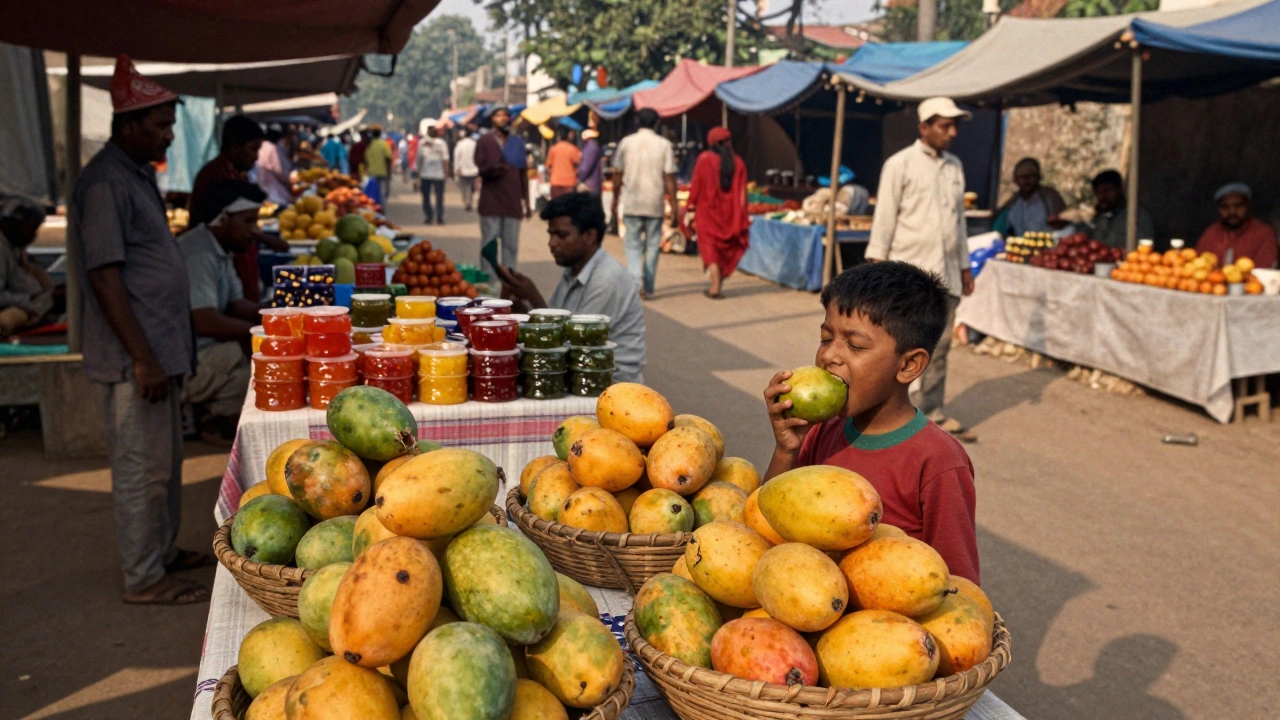 Vendors at the Mango Mela in Malda display baskets of prized Himsagar and Langra mangoes.
