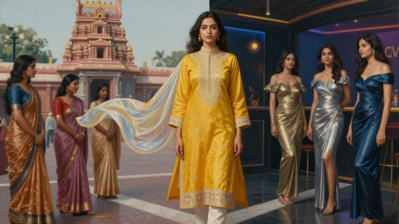 Woman in modest modern Indian attire at the intersection of traditional and urban fashion.