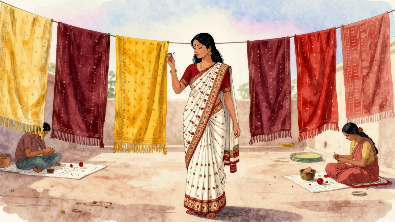 Woman wearing a hand-tied Bandhani sari in a sunlit courtyard with drying fabrics.
