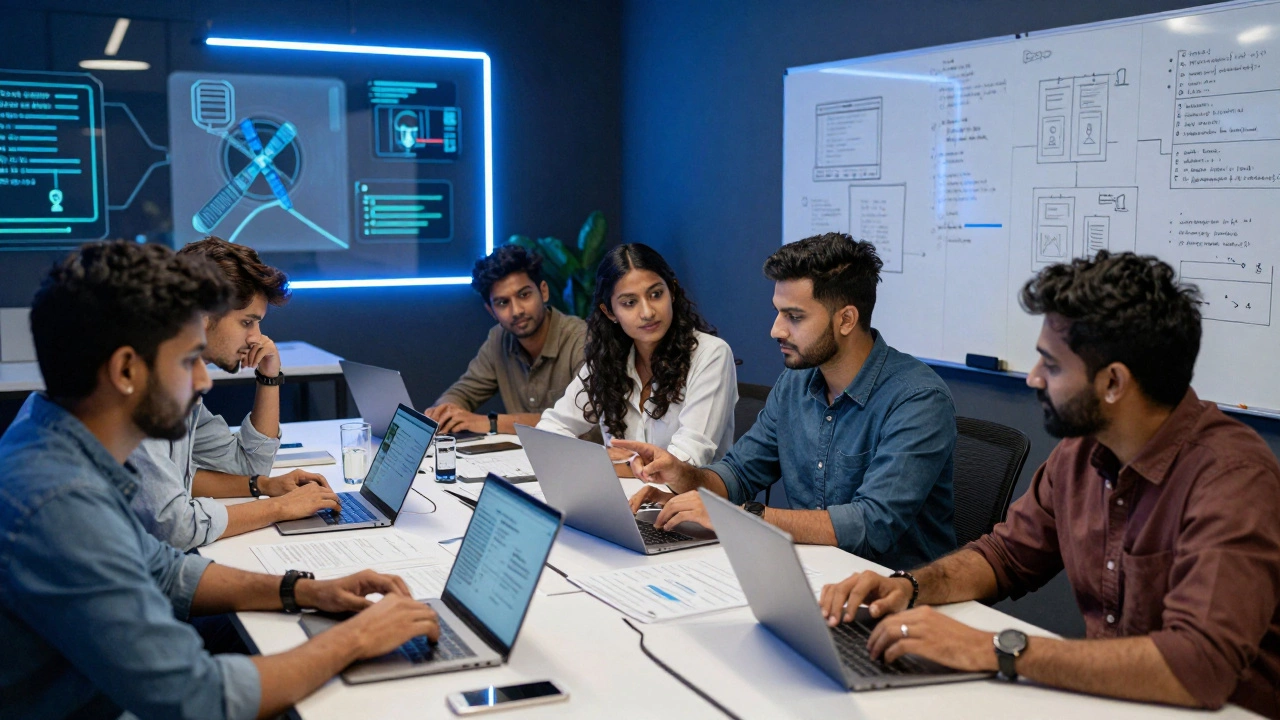 Young innovators working together on digital prototypes during a national hackathon.