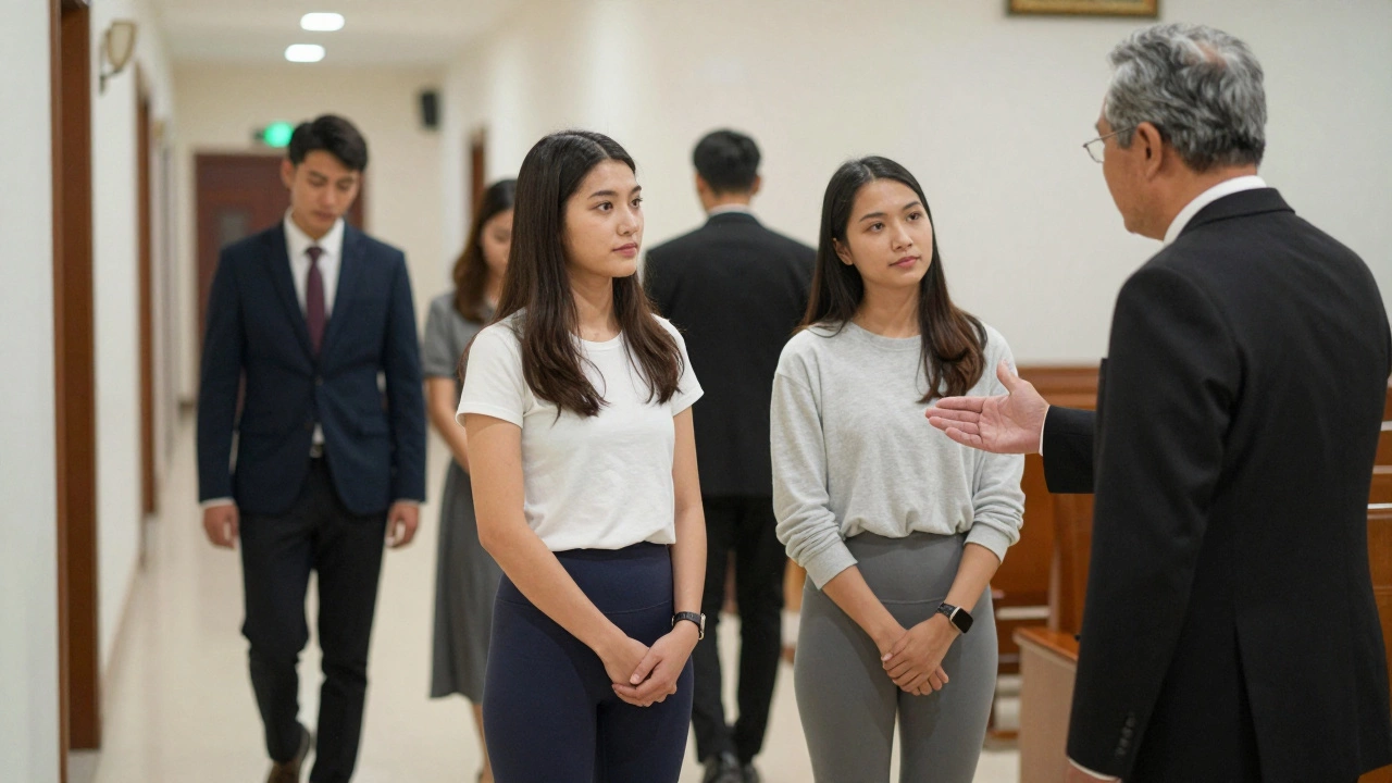A pastor talks kindly to a young woman in yoga pants while others in formal clothes pass by.