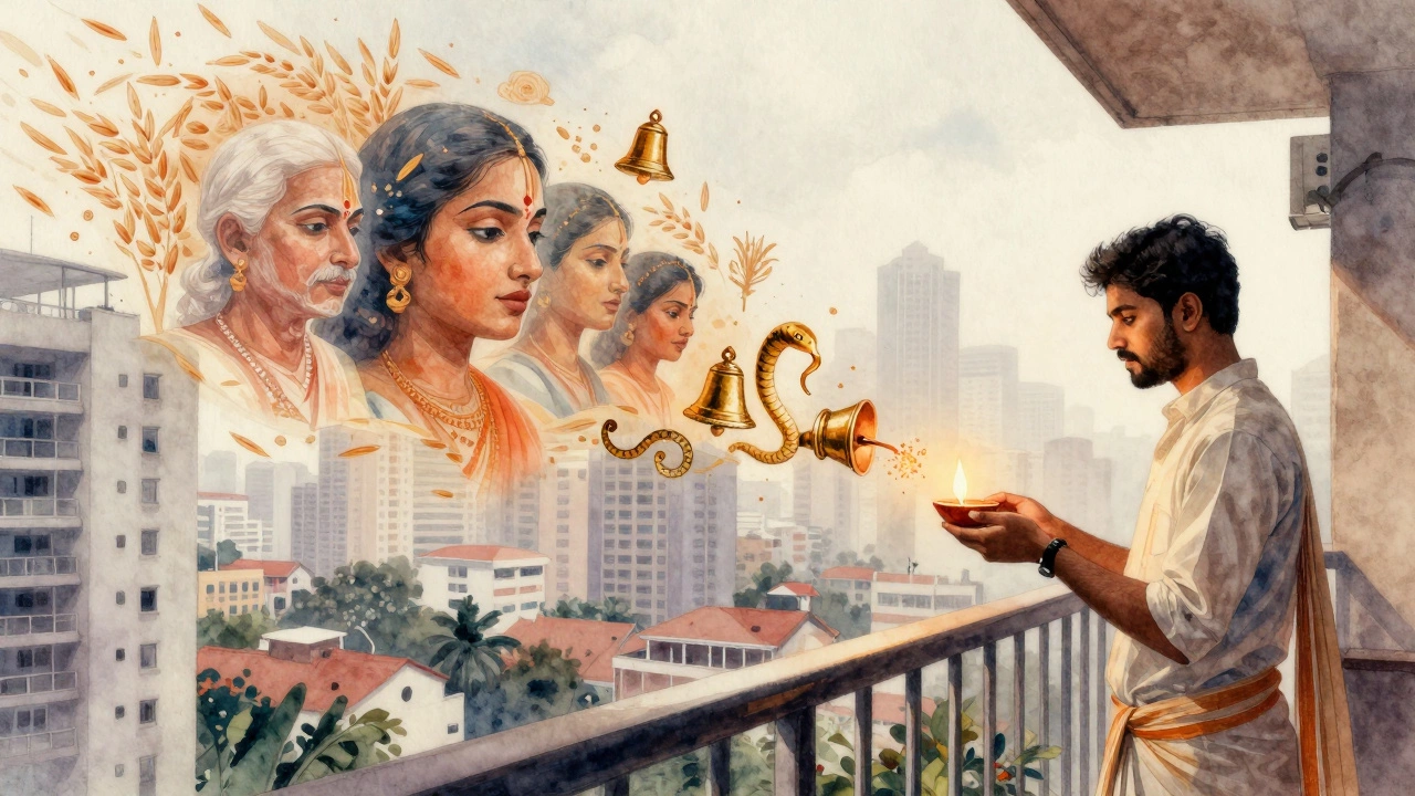 A young professional lighting a lamp on a balcony as ancestral spirits and sacred symbols gently float around them.