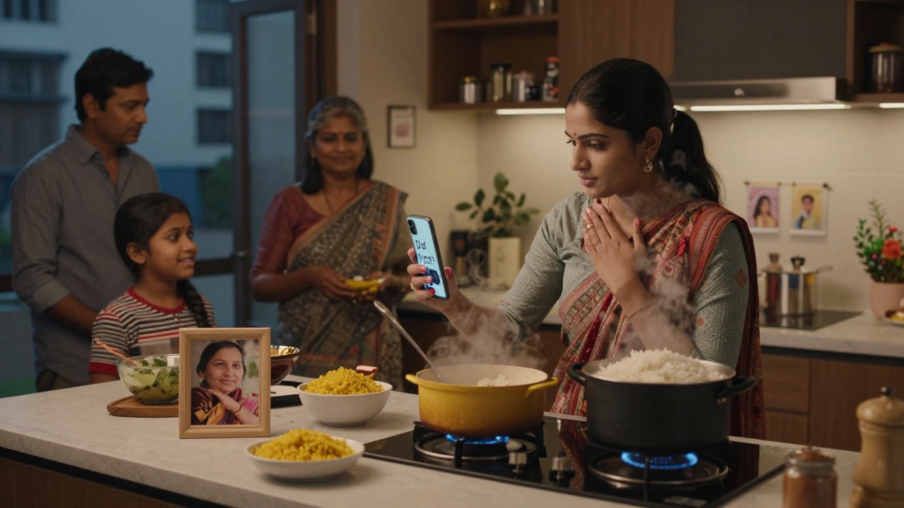 A young woman cooks while video-calling her parents in the kitchen.