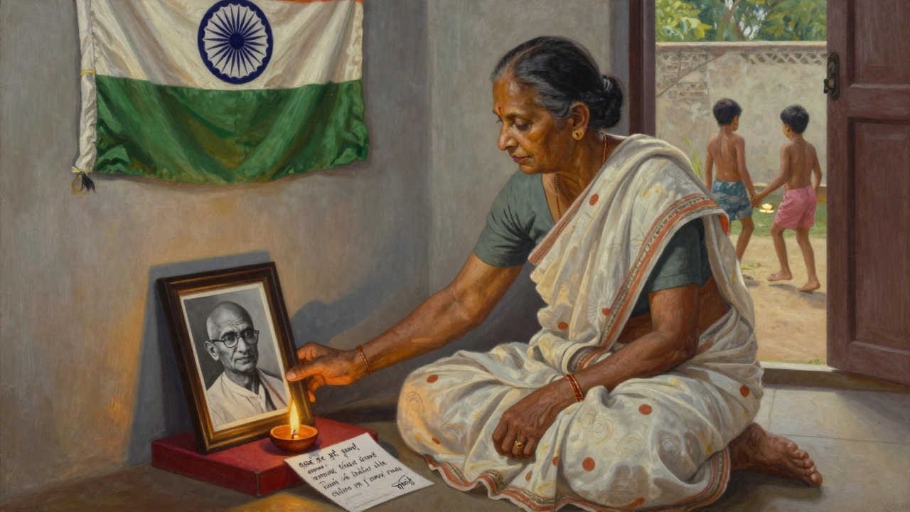 An elderly woman honoring freedom fighters with a photo and candle in her home.