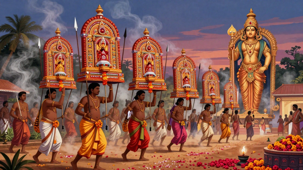 Devotees carrying ornate kavadis in a vibrant Thaipusam procession, barefoot on a dusty path.