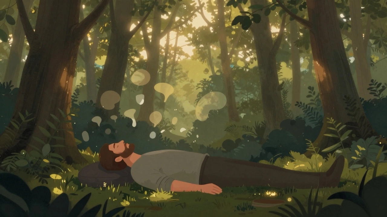 Man lying in forest, eyes closed, surrounded by dappled light and dissolving thoughts.