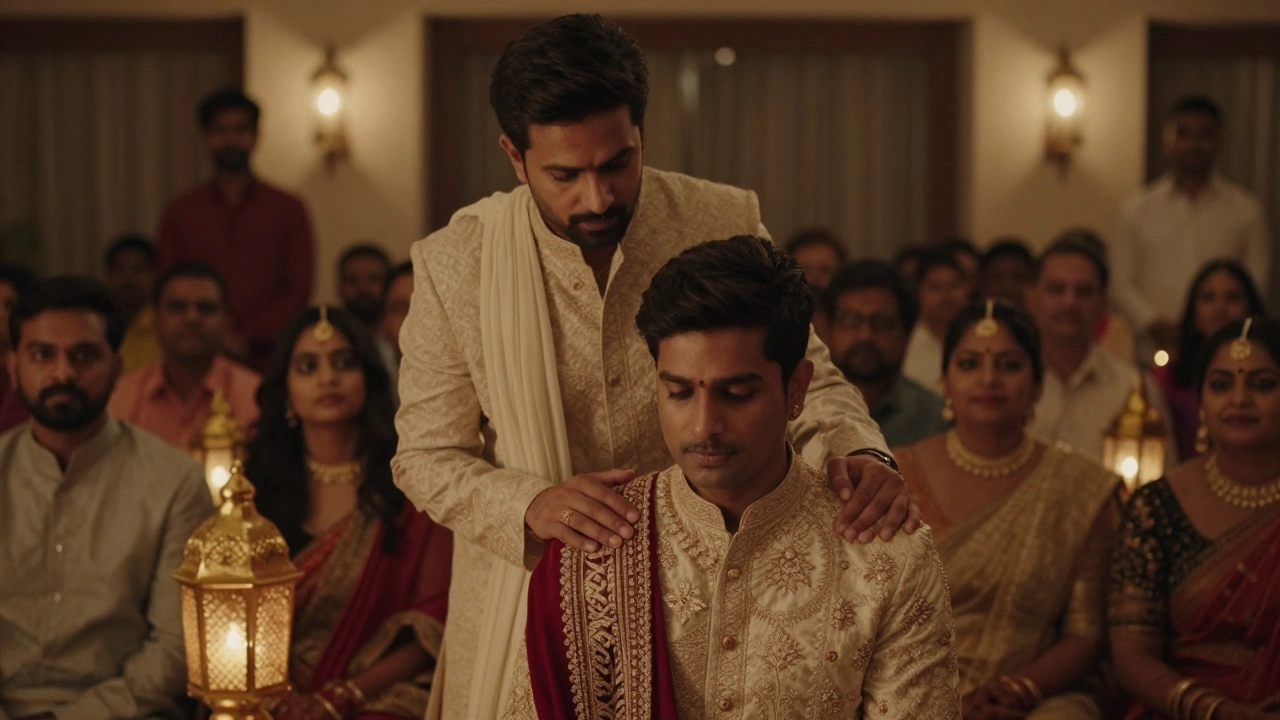 A best man standing quietly beside the groom at an Indian wedding, offering silent support during a toast.