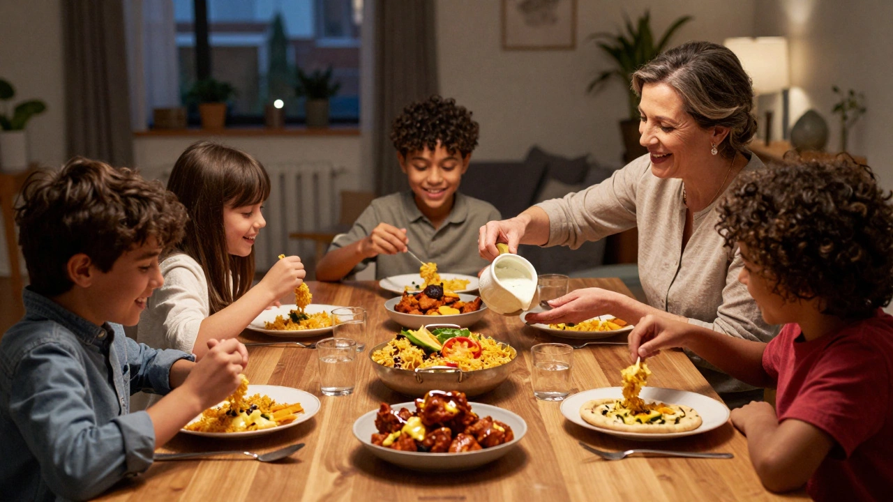 A British family enjoying curry dinner together on a Friday night at home.