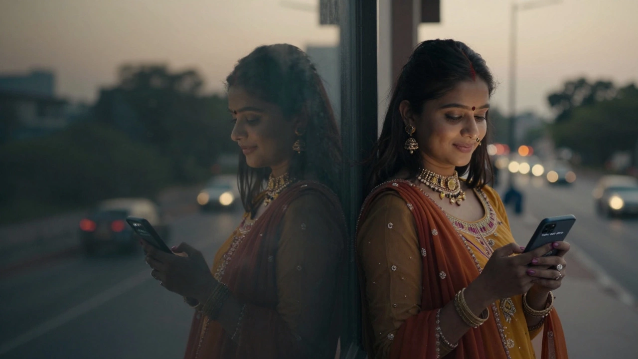 A Delhi couple texting 'Babe, meri jaan' with city lights glowing behind their reflection.