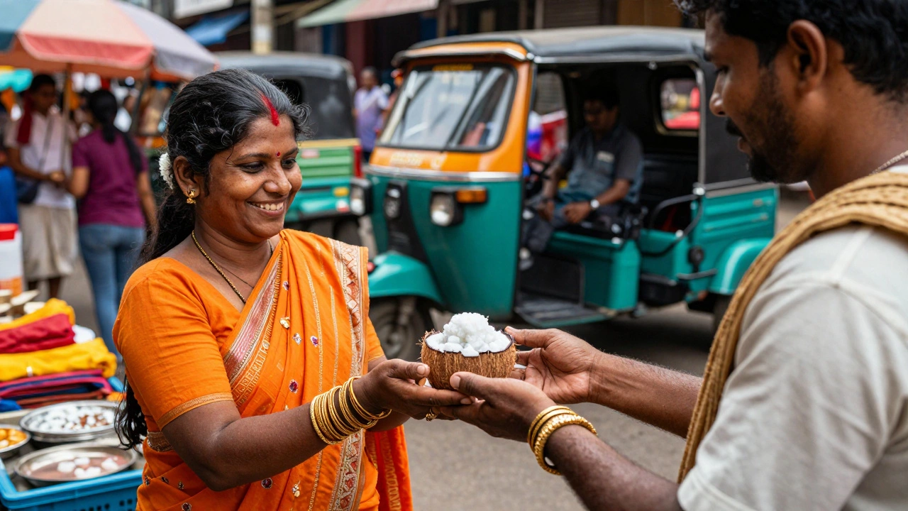 A woman in Chennai receives a sweet from her partner who calls her 'ponnu' in a bustling market.