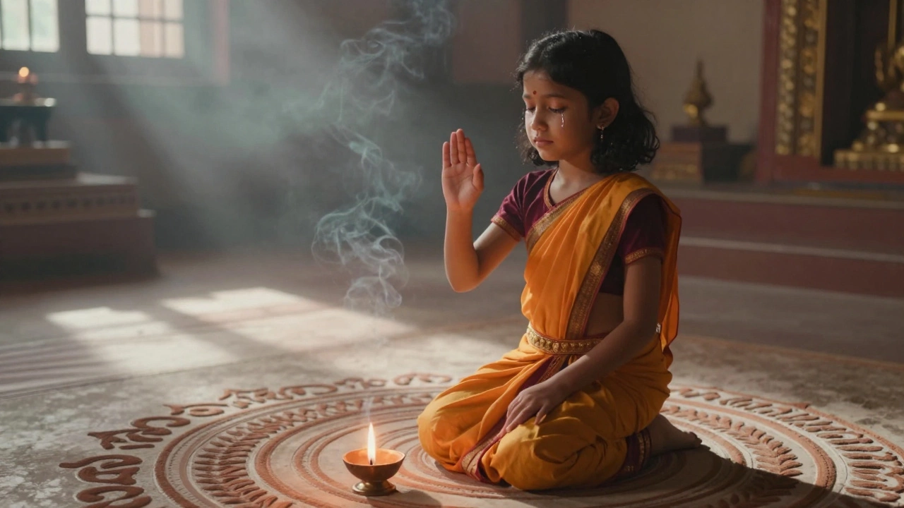 A young girl performing a bharatanatyam mudra in soft morning light, barefoot and serene.