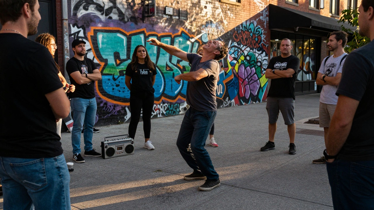An older man dancing hip-hop on a city sidewalk, surrounded by onlookers, smiling joyfully.