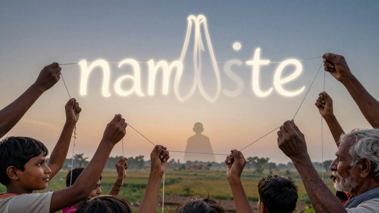 Countless hands weaving threads into a glowing namaste symbol, with Gandhi’s faint silhouette at the center.