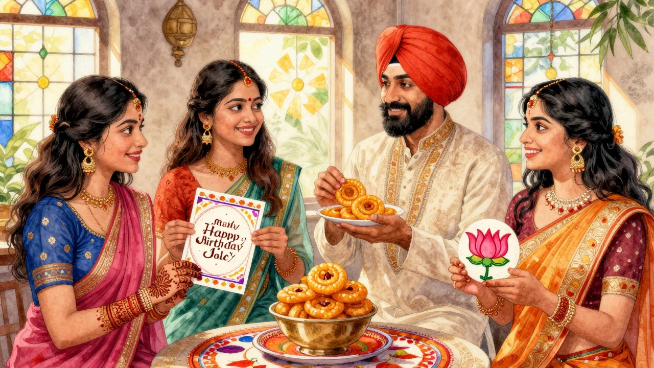 Diverse friends exchanging birthday cards with cultural symbols.