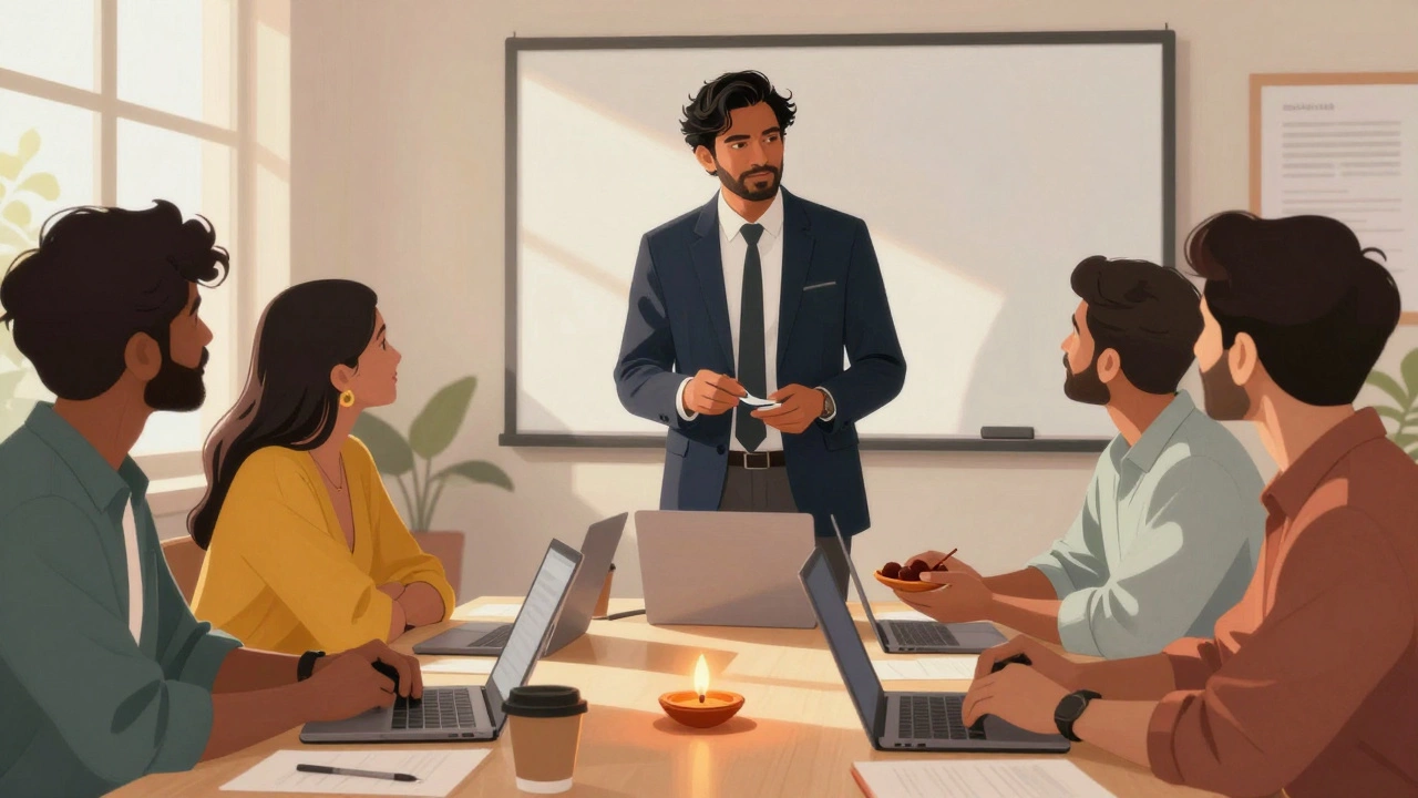 Indian professional presenting in a diverse workplace, with a Diwali diya and shared food symbolizing cultural inclusion.