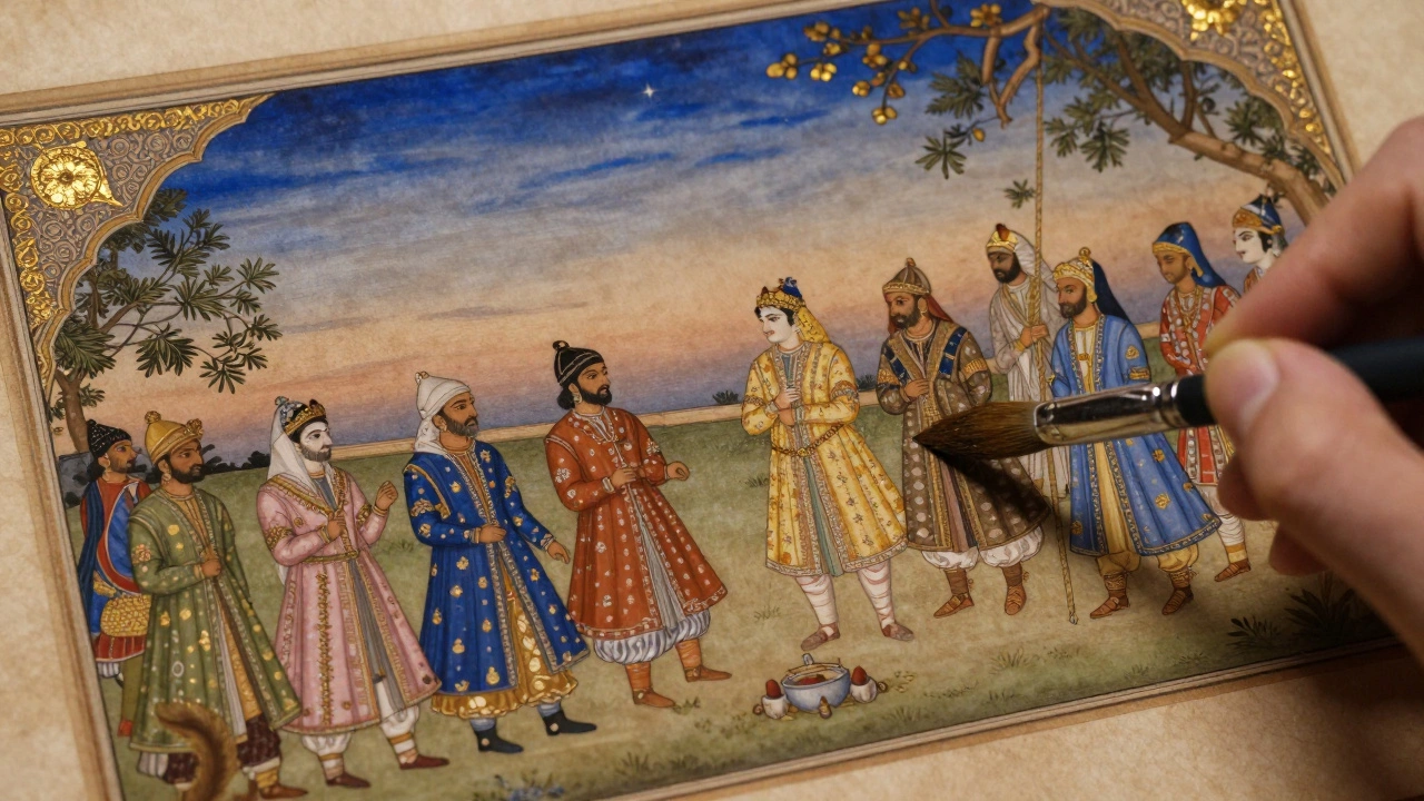 A detailed Indian miniature painting showing a Mughal court scene with gold leaf, lapis lazuli, and fine brushwork.
