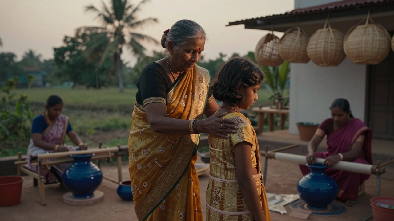 A grandmother drapes a handwoven silk sari on a young girl as artisans work quietly in the background at dusk.