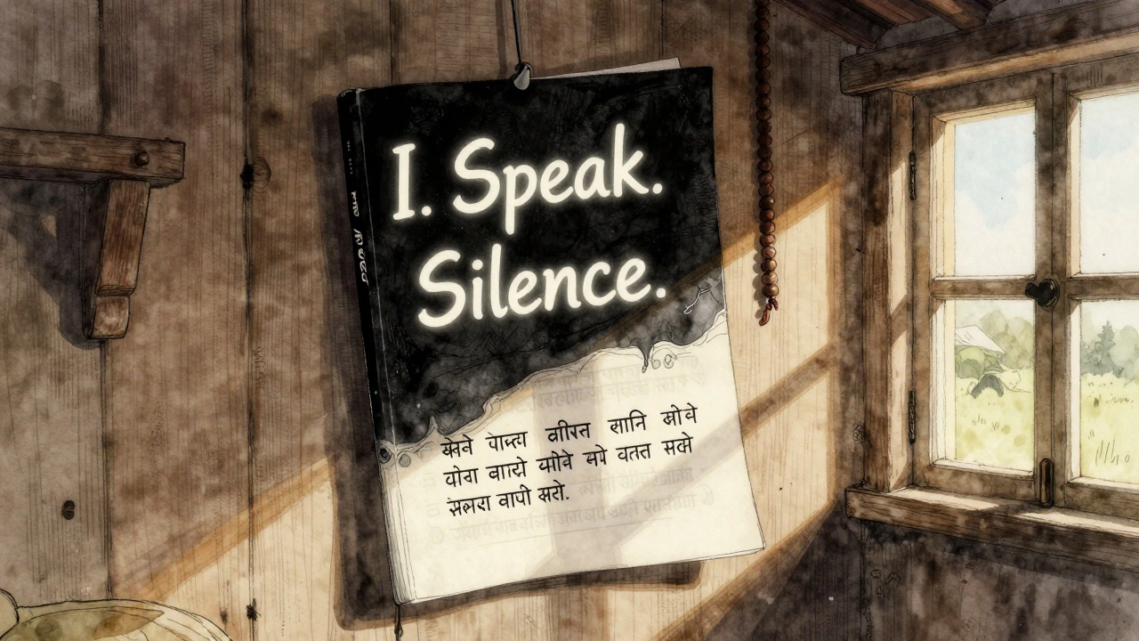 A poem 'I. Speak. Silence.' revealed on a grammar book page pinned to a wooden wall in a rural Indian home.