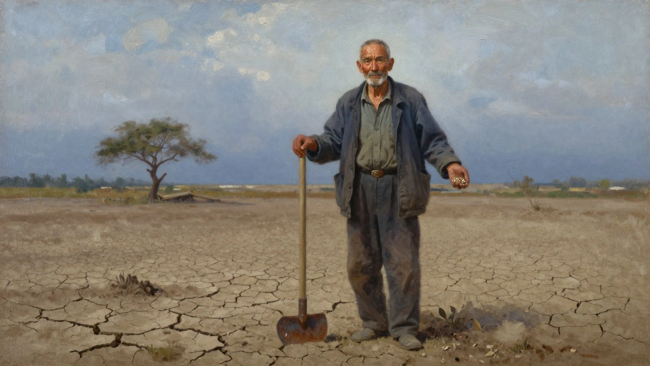 An elderly farmer stands firm in a barren field, holding seeds with quiet determination.