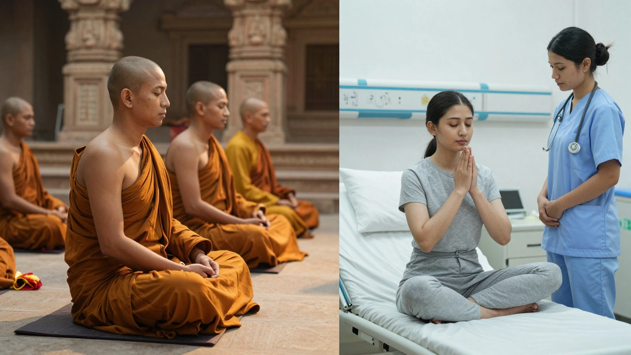 Contrasting scenes: ancient Indian yogis in temple vs. modern patient doing yoga in hospital.